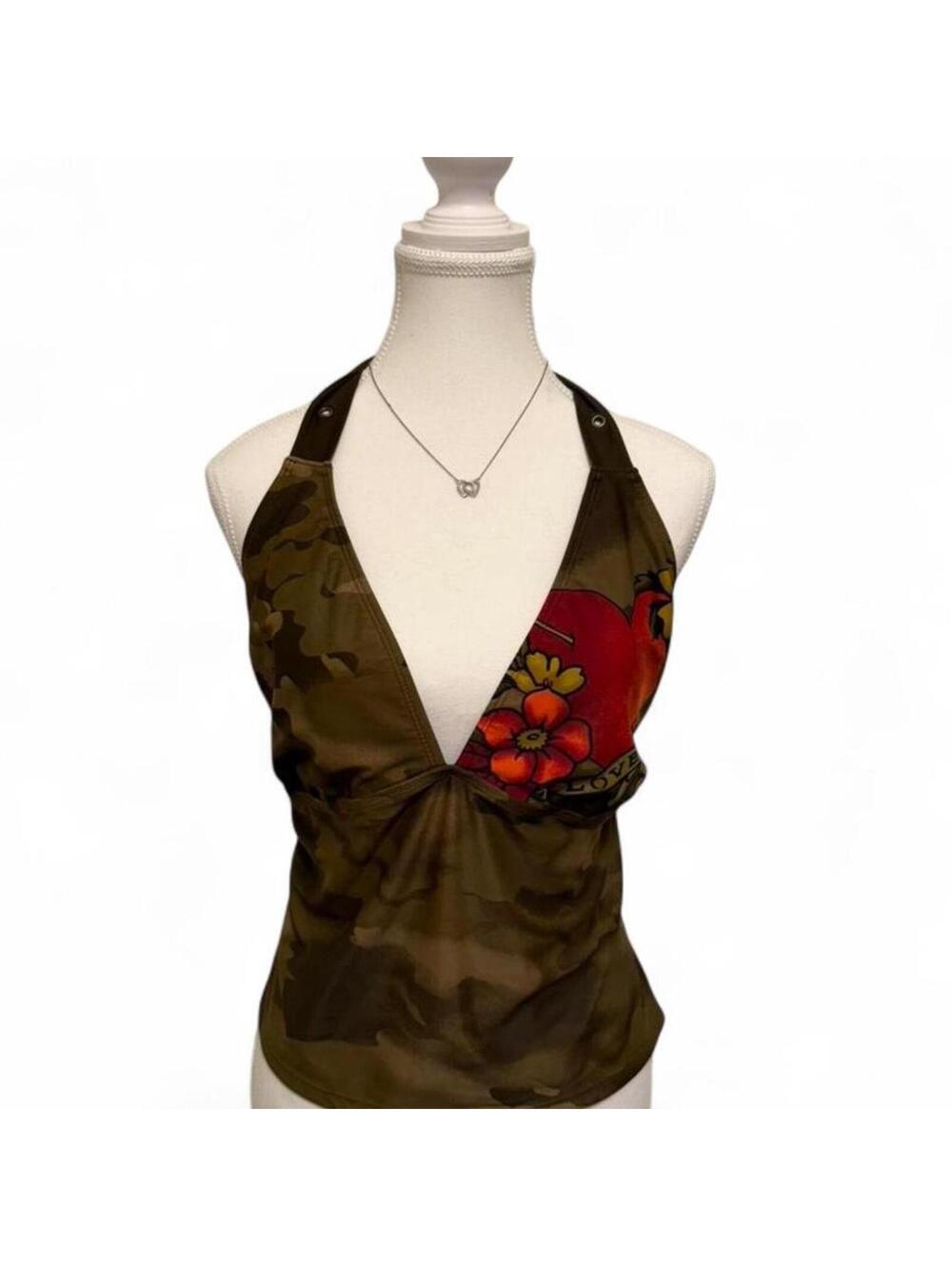 Y2K camo graphic halter top